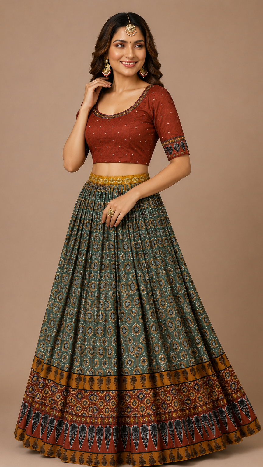 Heritage Charm Printed Silk Lehenga Set in Teal & Rust