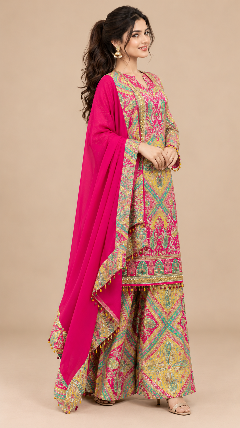 Fuchsia Pink Multicolour Printed Satin Sharara Set with Dupatta