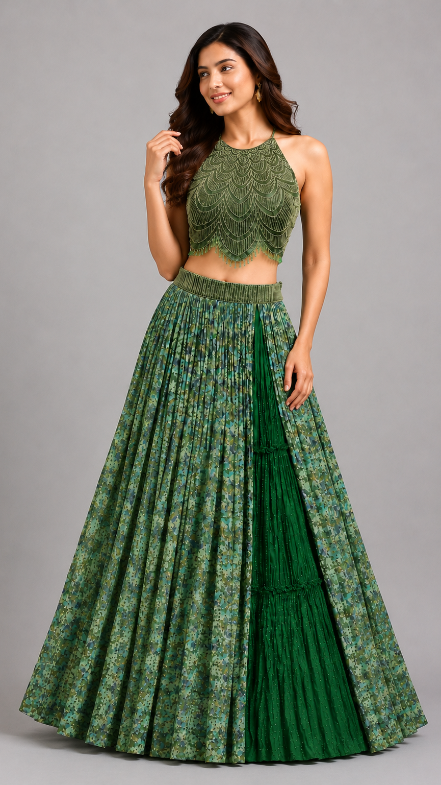 Olive & Emerald Green Pleated Lehenga with Scalloped Halter Blouse