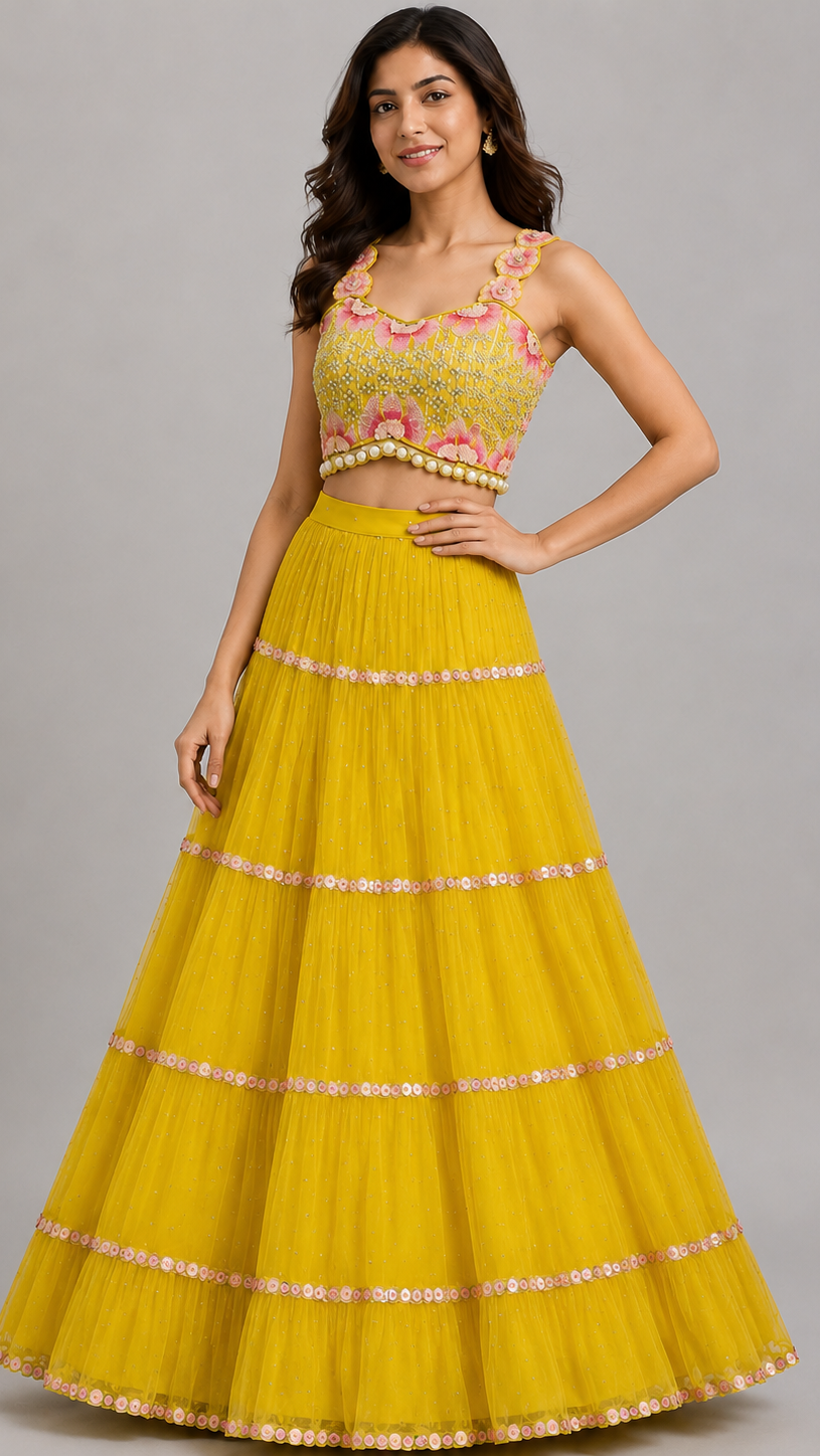 Radiant Sunshine Yellow Georgette Lehenga Set with Floral Embroidery