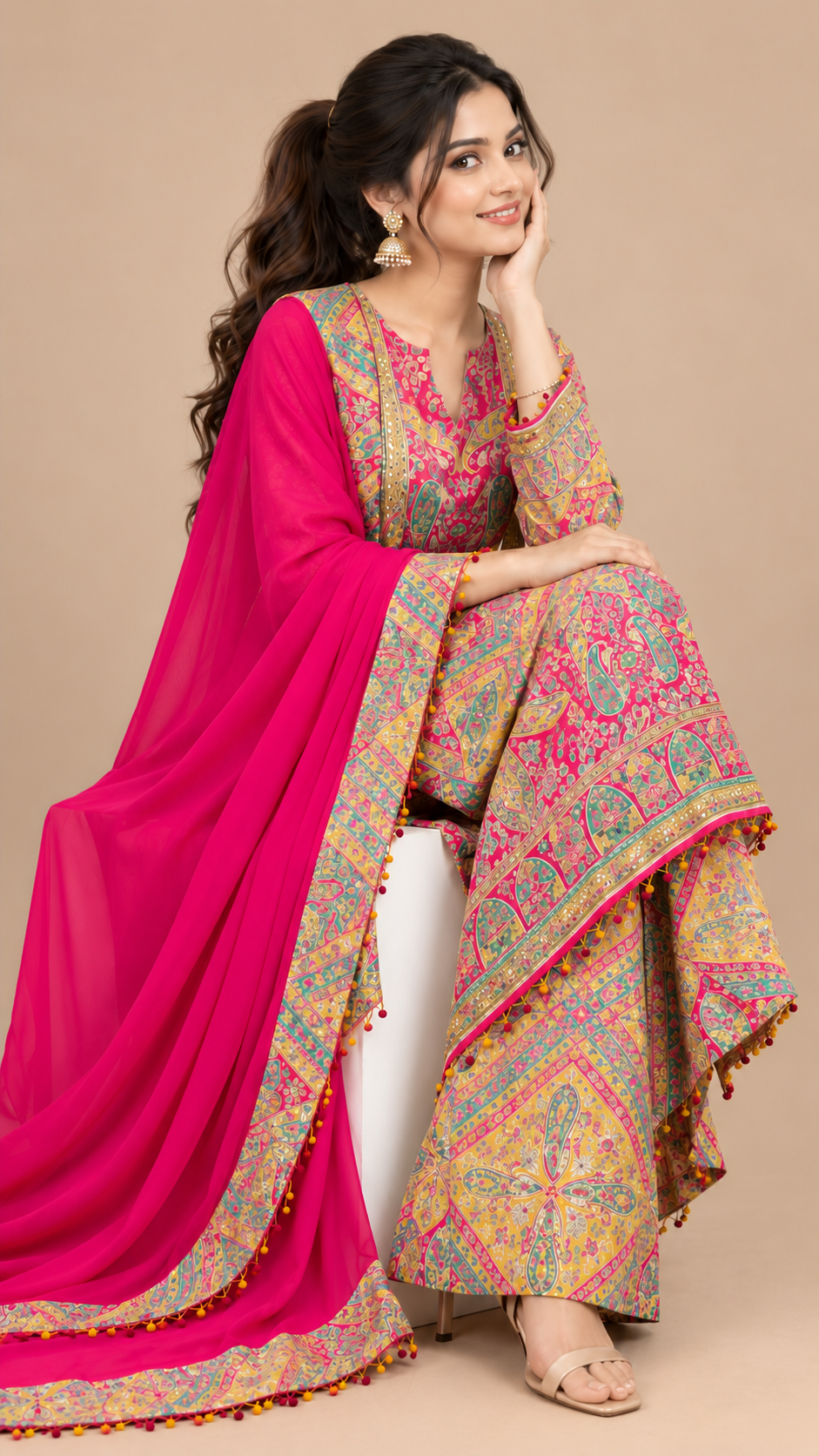 Fuchsia Pink Multicolour Printed Satin Sharara Set with Dupatta
