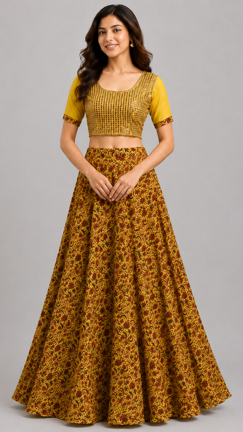 Vibrant Mustard Yellow Silk Printed Lehenga Set