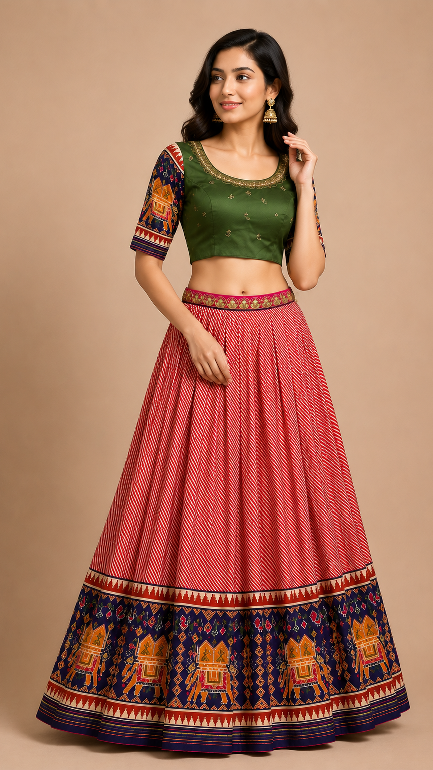 Red & Green Leheriya Silk Lehenga Set with Patola Motifs
