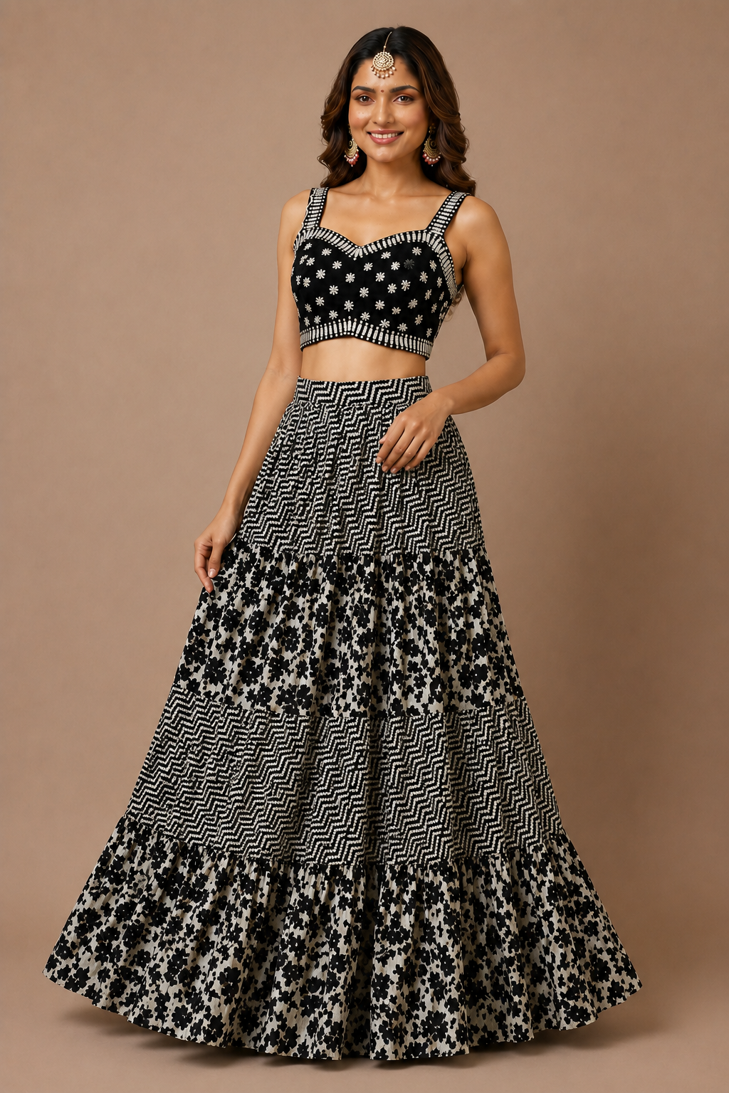 Monochrome Elegance: Black & White Tiered Georgette Lehenga Set
