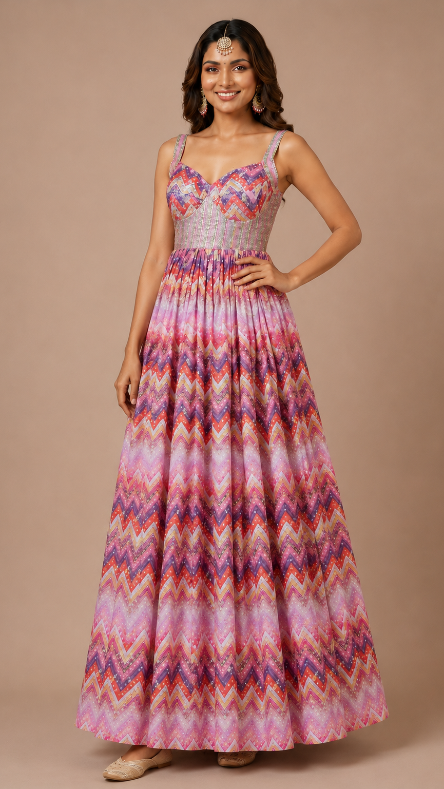 Vibrant Chevron Print Georgette Anarkali Set