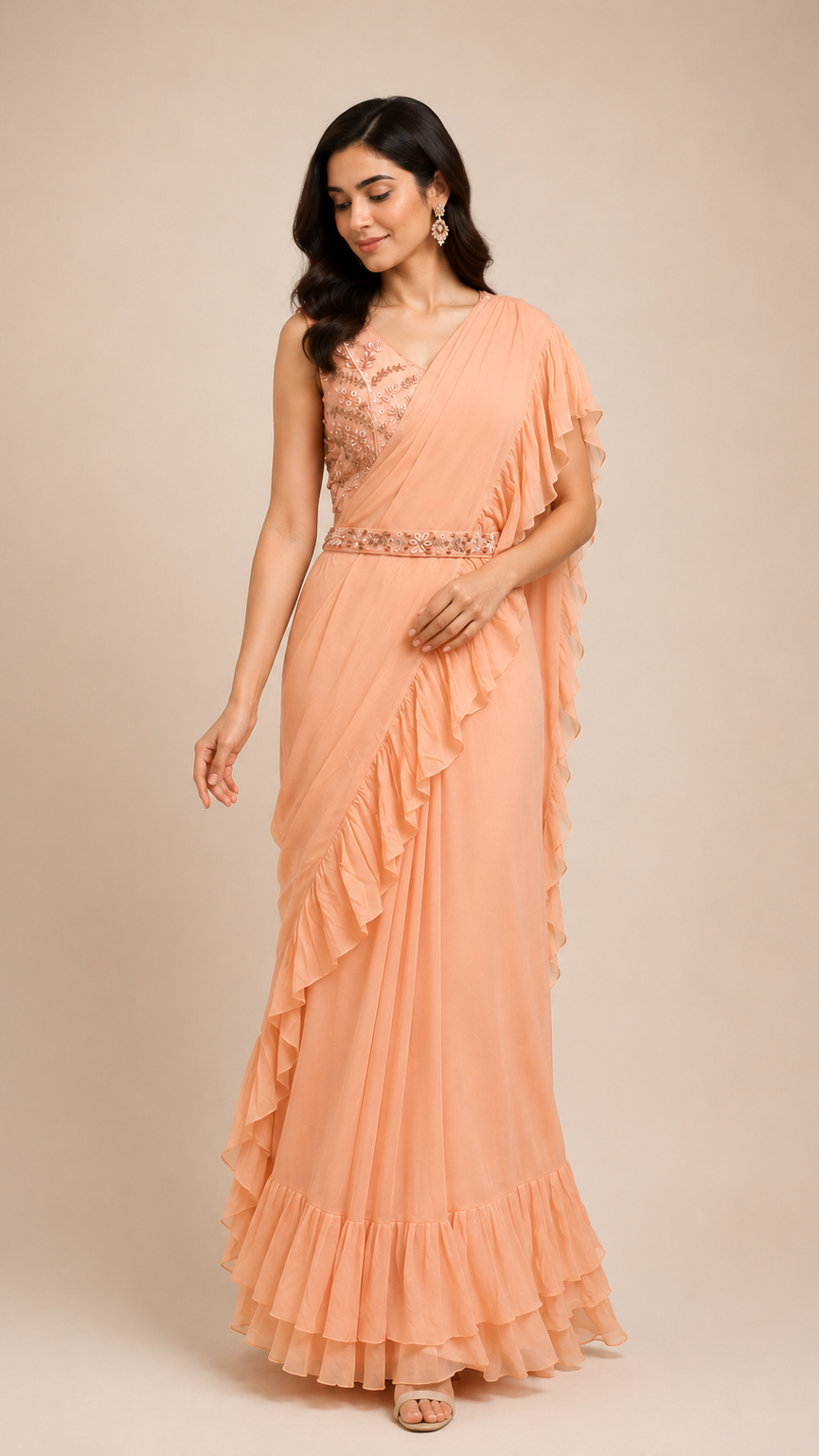 Pastel Peach Ready-to-Wear Saree Gown with Embroidered Belt