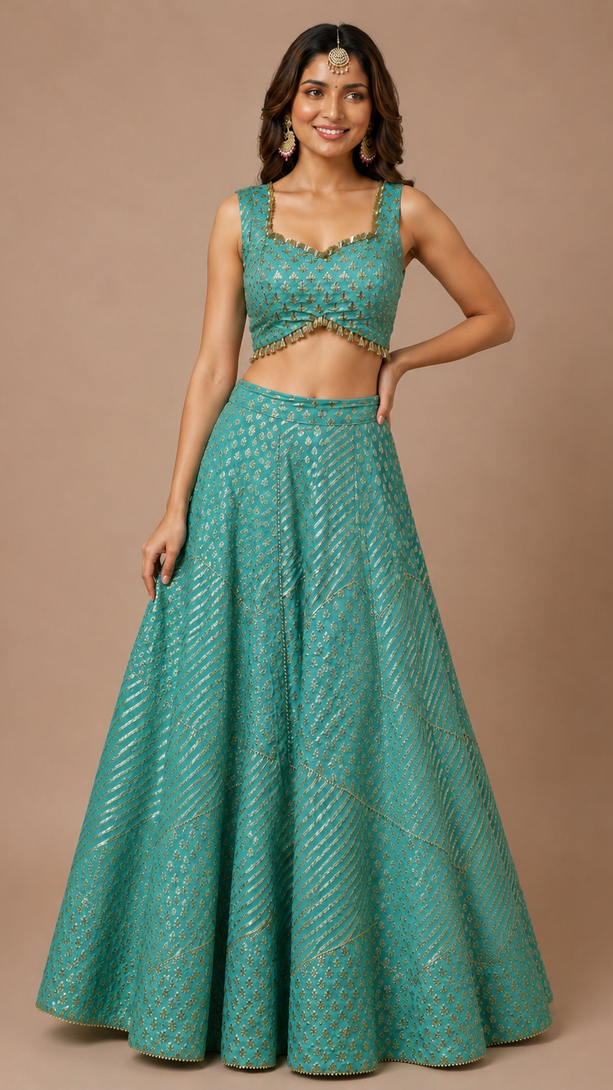 Enchanting Teal Brocade Raw-Silk Lehenga Set