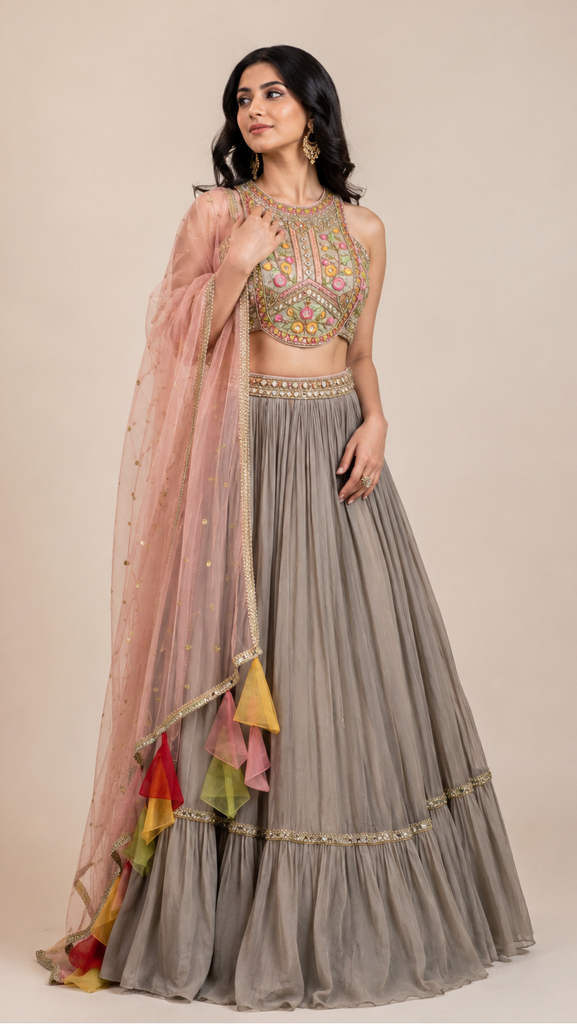Lilac Gathered Tiered Lehenga with Multi-Color Embroidered Blouse