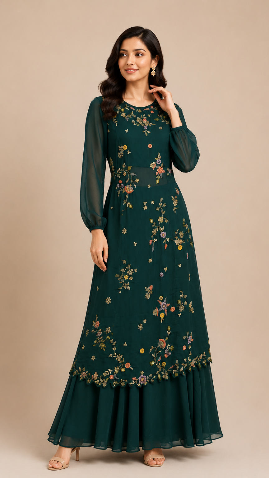 Deep Green Floral Embroidered Kurta with Ruffled Dupatta