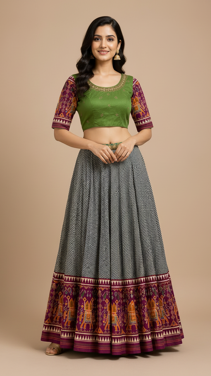 Monochrome Leheriya & Plum Patola-Inspired Lehenga Set