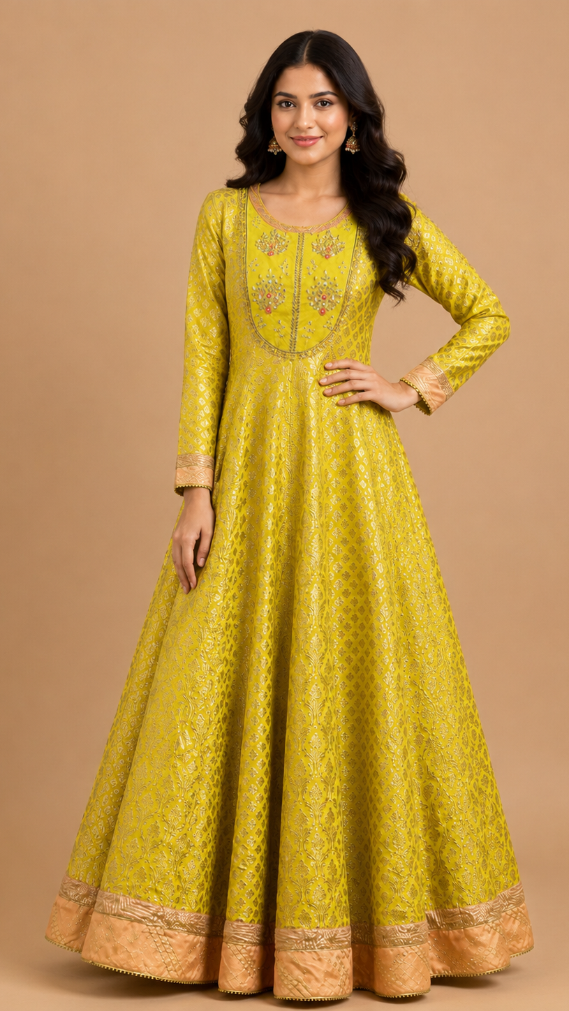 Lime Green Woven Silk Anarkali with Peach Contrast
