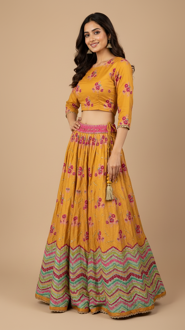 Mustard Yellow Printed Silk-Blend Lehenga