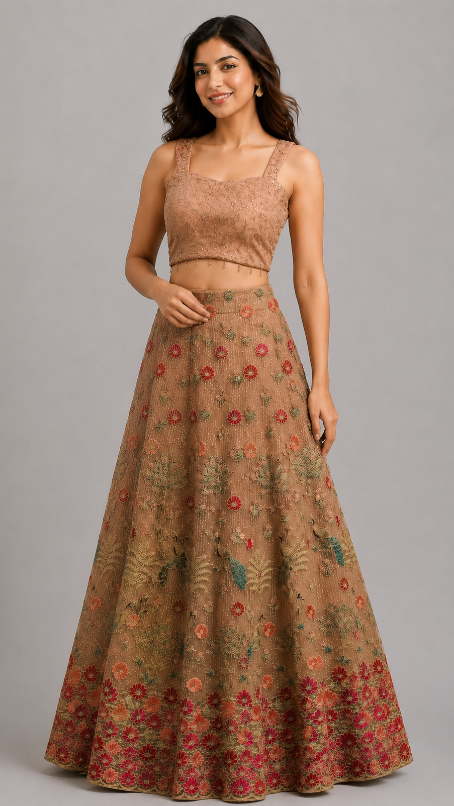 Beige Net Lehenga Choli with Red Floral & Peacock Motifs