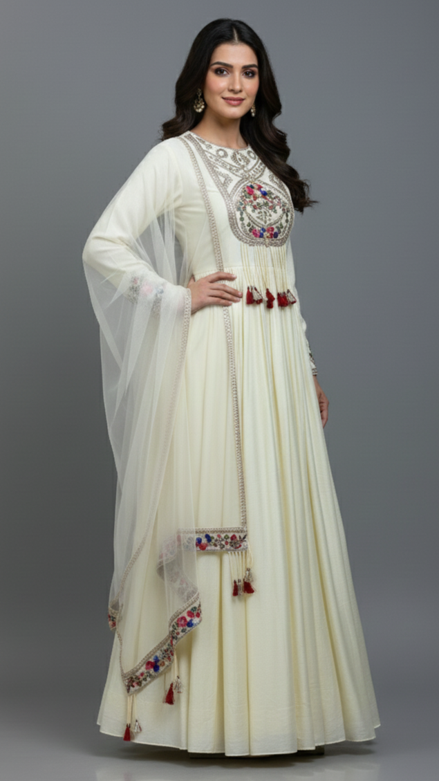 Ivory Blossom Embroidered Anarkali Gown