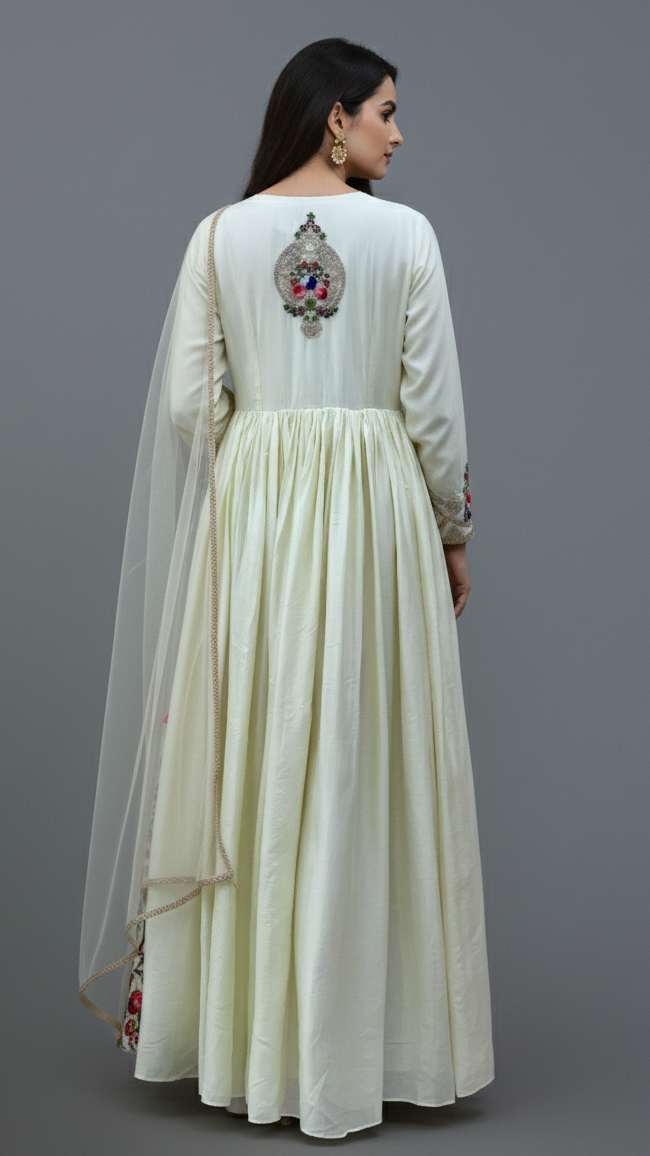 Ivory Blossom Embroidered Anarkali Gown