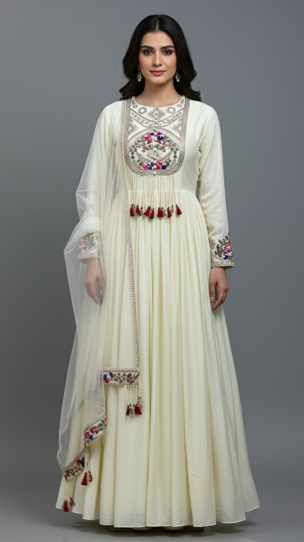 Ivory Blossom Embroidered Anarkali Gown