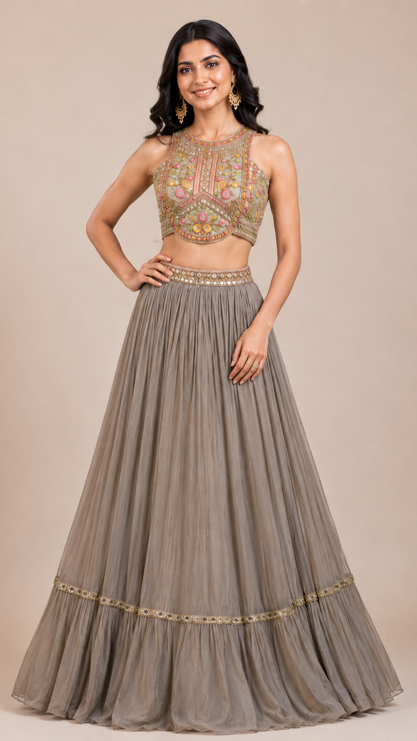 Lilac Gathered Tiered Lehenga with Multi-Color Embroidered Blouse