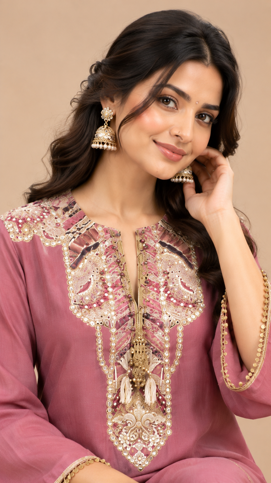 Dusty Rose Pink Silk Embroidered Kurta with Flared Sharara Set