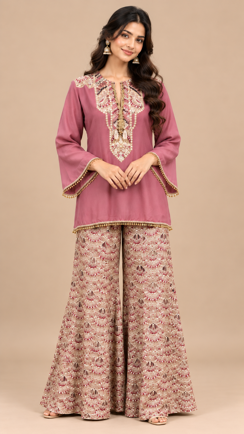 Dusty Rose Pink Silk Embroidered Kurta with Flared Sharara Set