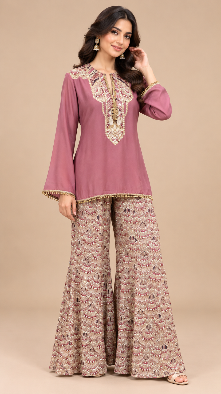 Dusty Rose Pink Silk Embroidered Kurta with Flared Sharara Set