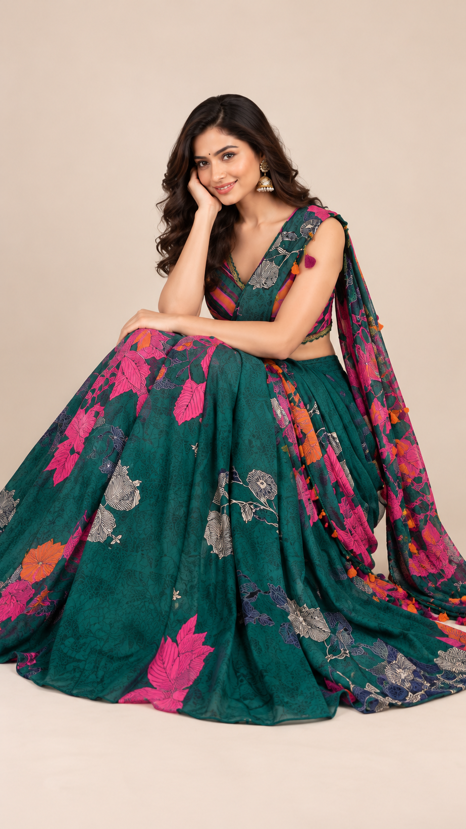 Ready To Wear Saree Bottle-Green In Colour