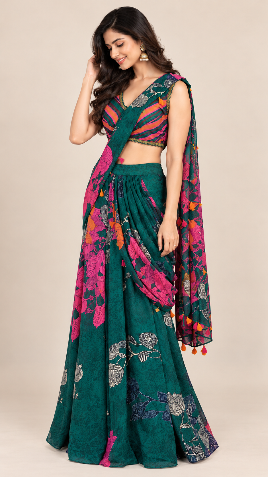 Ready To Wear Saree Bottle-Green In Colour