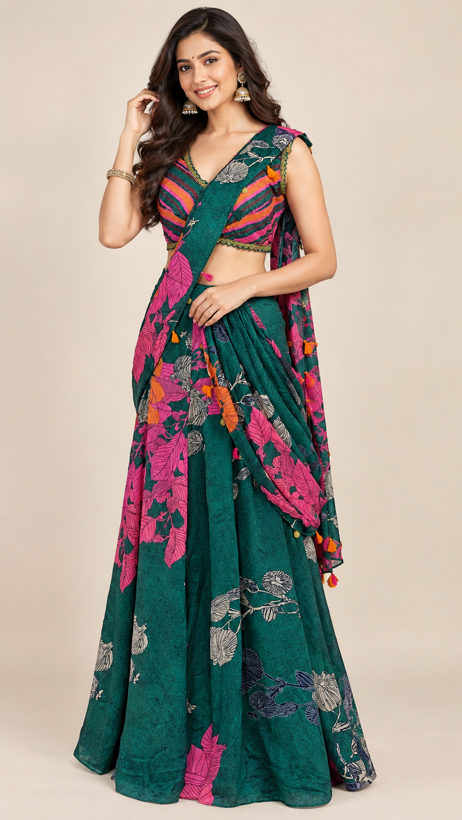 Ready To Wear Saree Bottle-Green In Colour