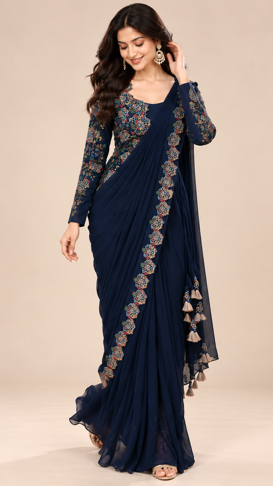 Ready To Wear Saree Navy-Blue In Colour