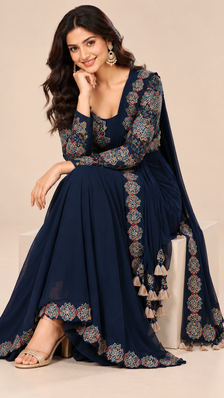 Ready To Wear Saree Navy-Blue In Colour