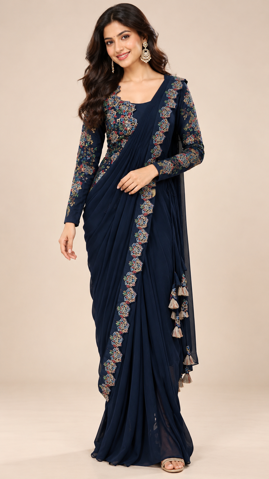 Ready To Wear Saree Navy-Blue In Colour
