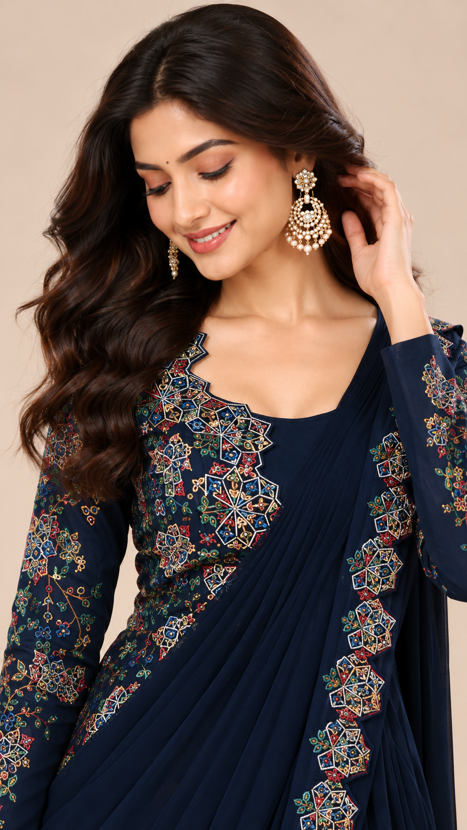 Ready To Wear Saree Navy-Blue In Colour