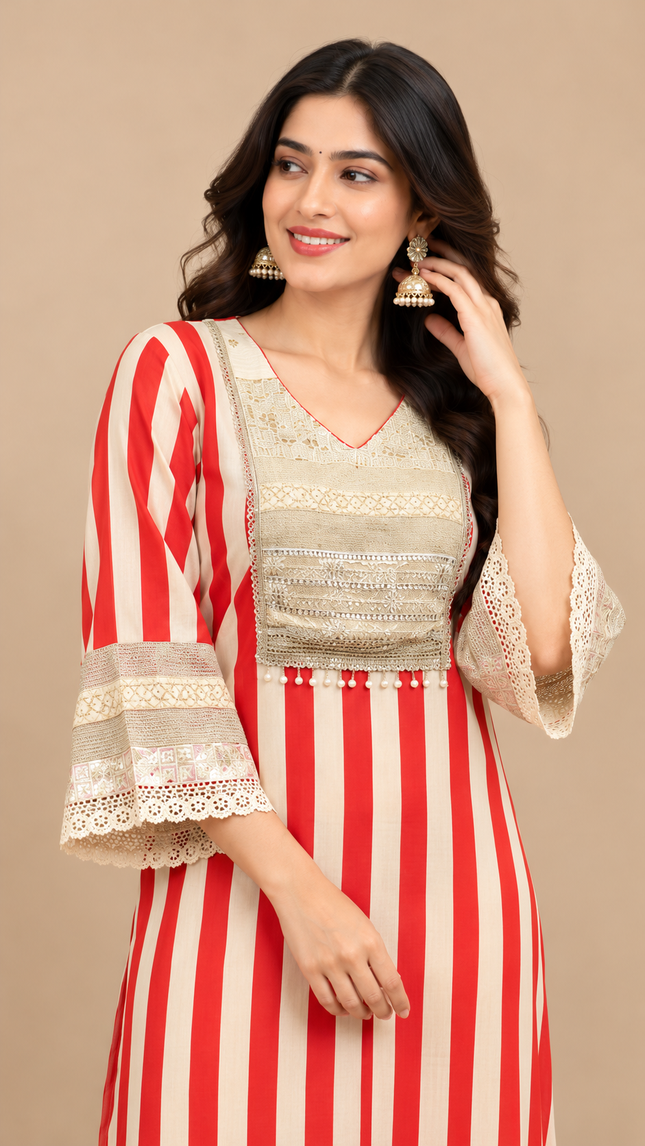 Elegant Red & Cream Striped Mul Cotton Kurta Pant Set with Lace Work