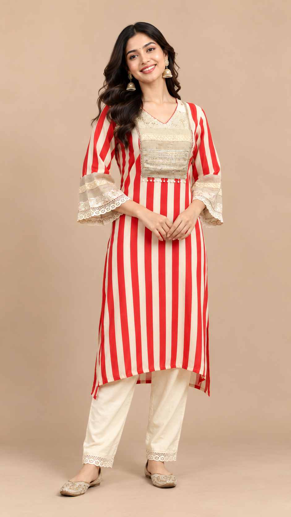 Elegant Red & Cream Striped Mul Cotton Kurta Pant Set with Lace Work