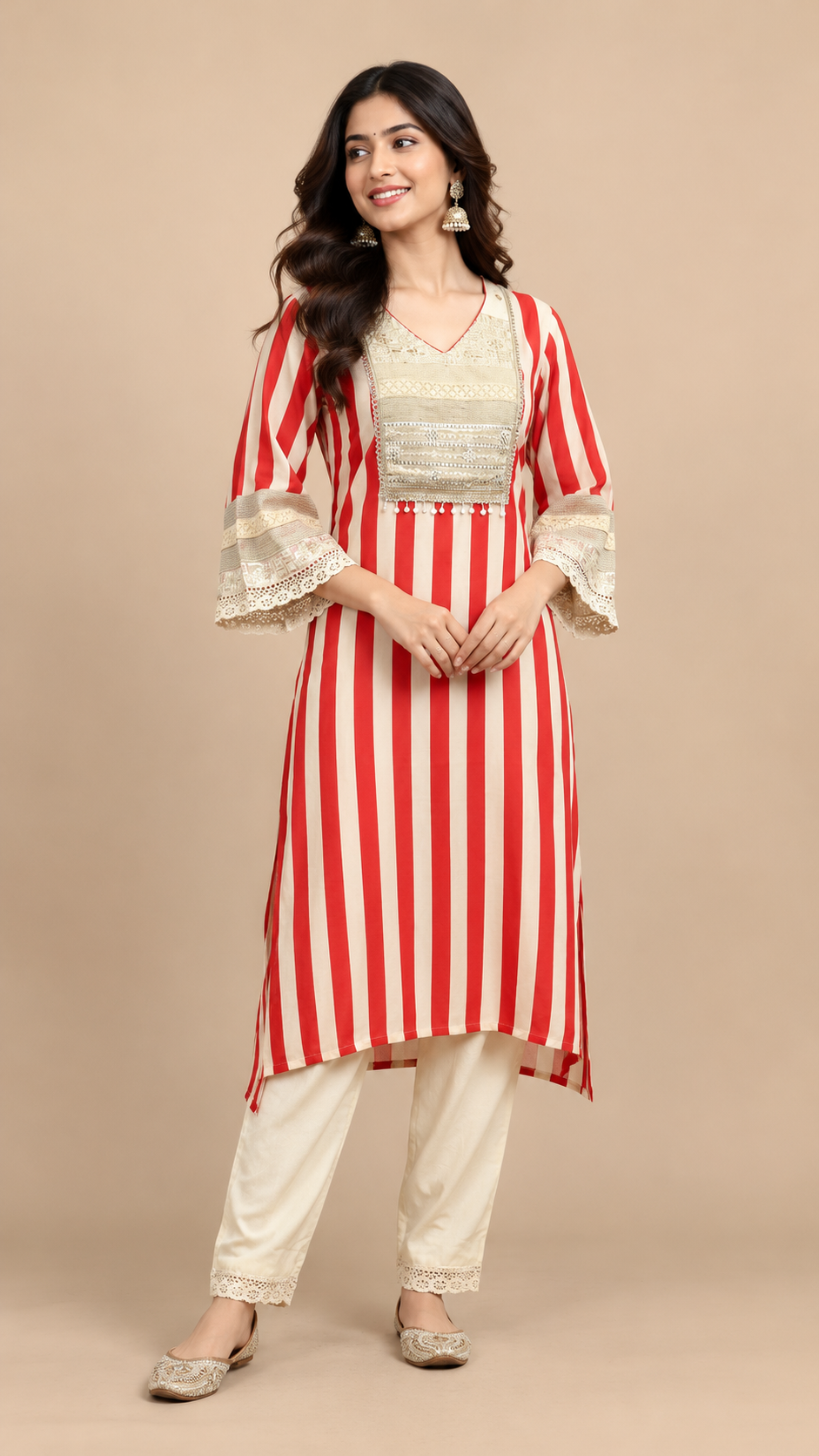 Elegant Red & Cream Striped Mul Cotton Kurta Pant Set with Lace Work