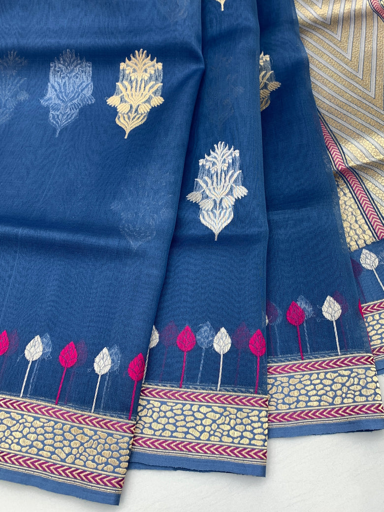Blue Banarasi Kora Silk Saree with Sona Rupa Motifs
