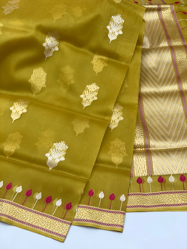 Mehendi Green Banarasi Kora Silk Saree with Sona Rupa Motifs