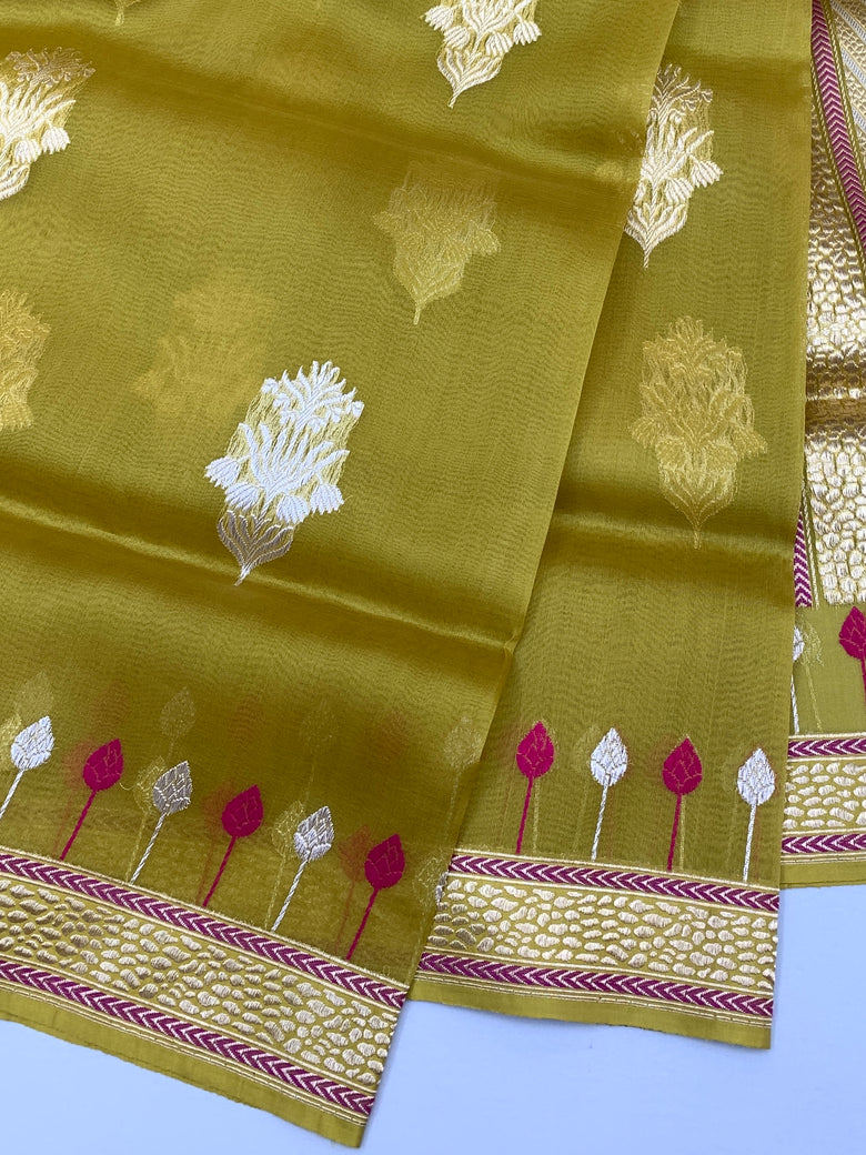 Mehendi Green Banarasi Kora Silk Saree with Sona Rupa Motifs