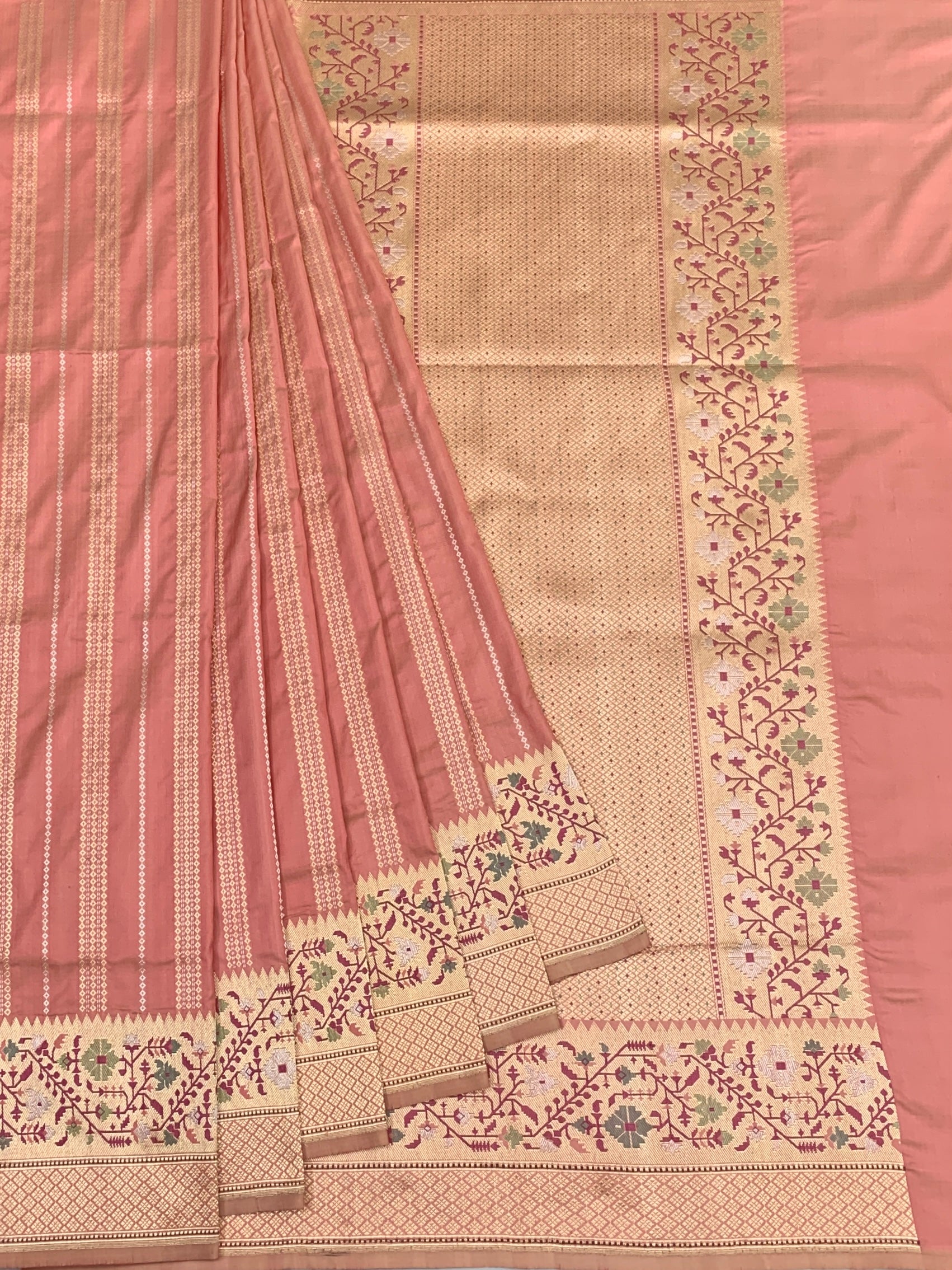 Peach Rose Banarasi Silk Saree with Meenakari Floral Borders