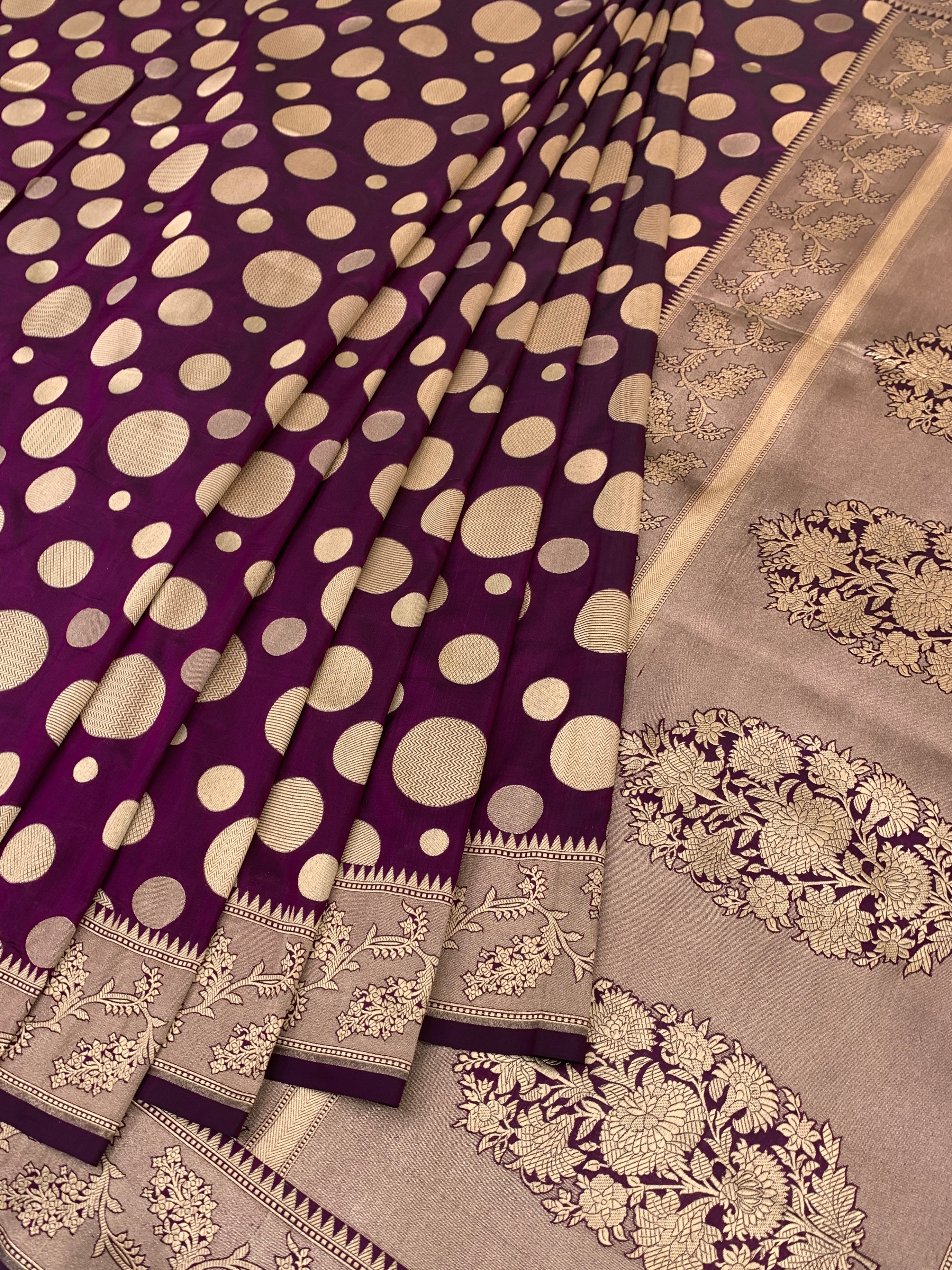 Regal Wine-Purple Banarasi Silk Saree with Polka Dot