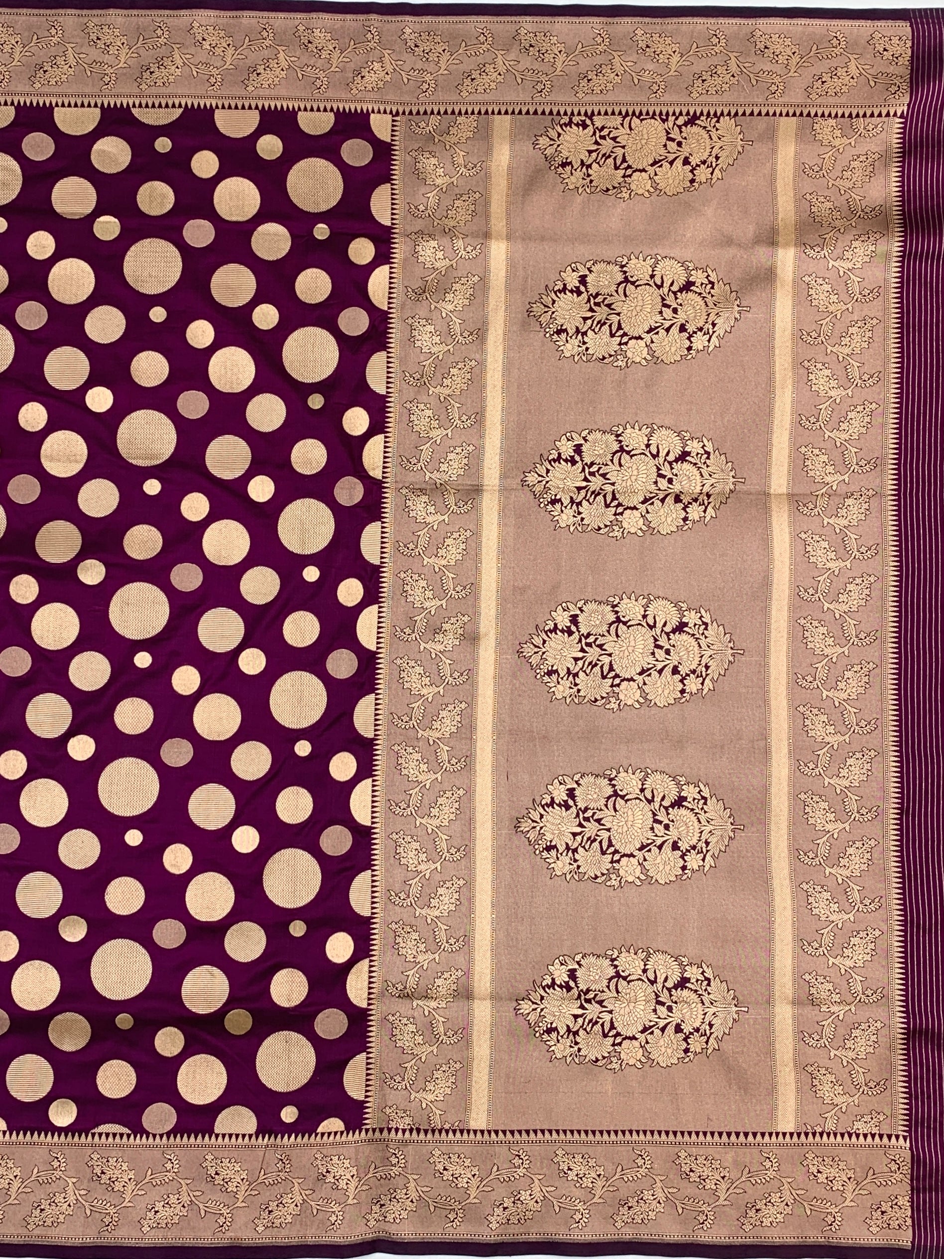 Regal Wine-Purple Banarasi Silk Saree with Polka Dot