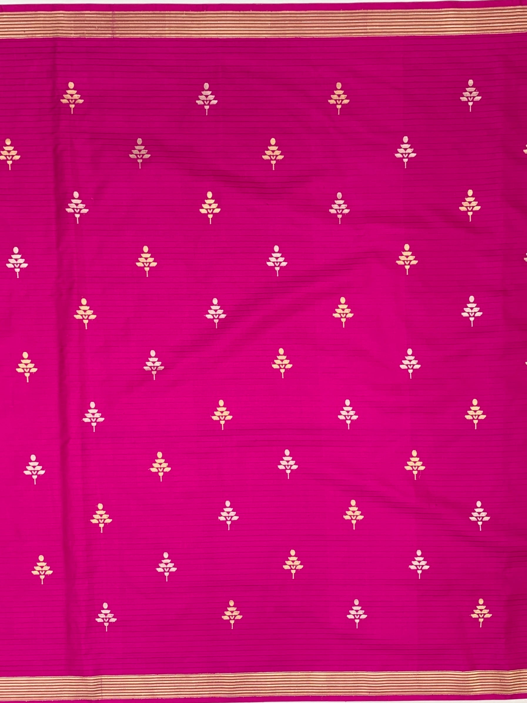 Vibrant Rani Pink Banarasi Silk Saree with Geometric Leaf Motifs