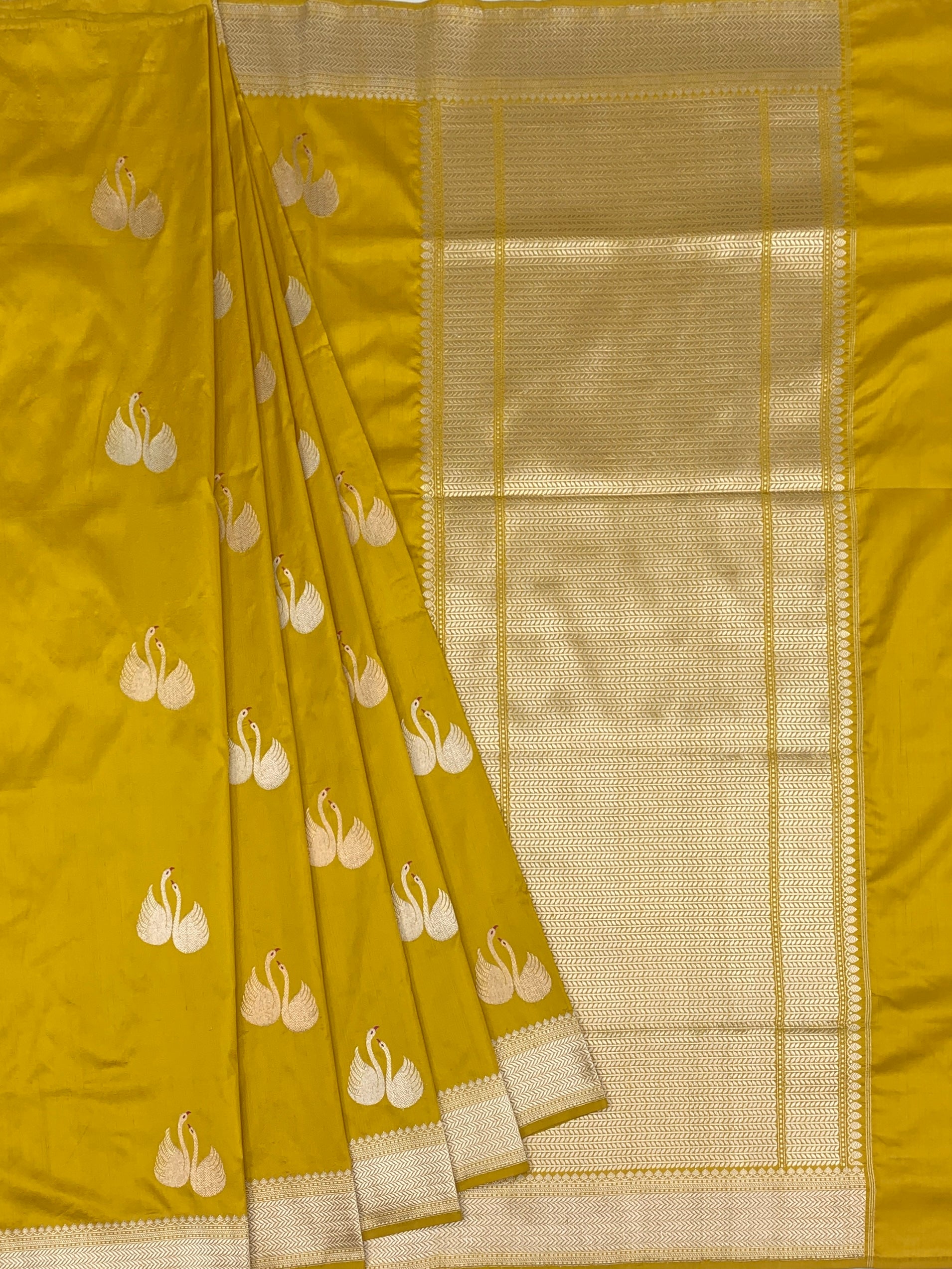 Radiant Mustard Yellow Banarasi Silk Saree with Swan (Hamsa) Motifs