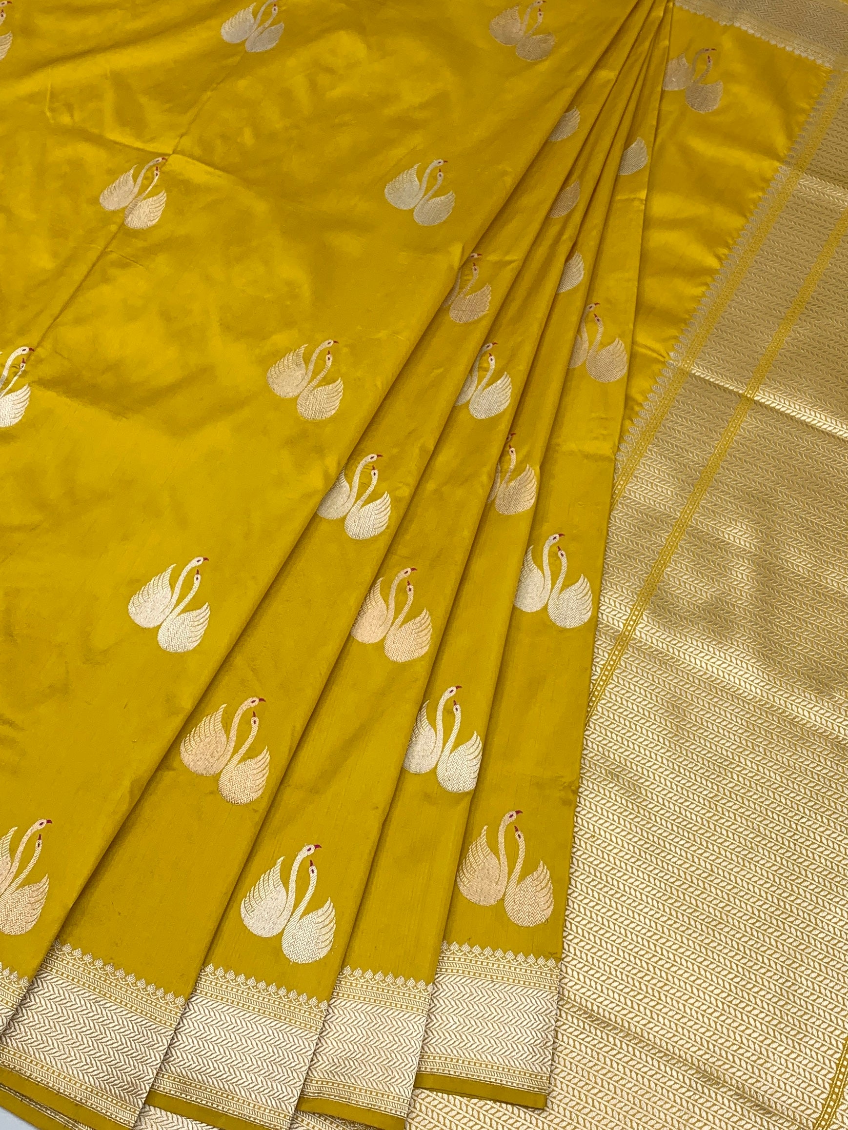 Radiant Mustard Yellow Banarasi Silk Saree with Swan (Hamsa) Motifs
