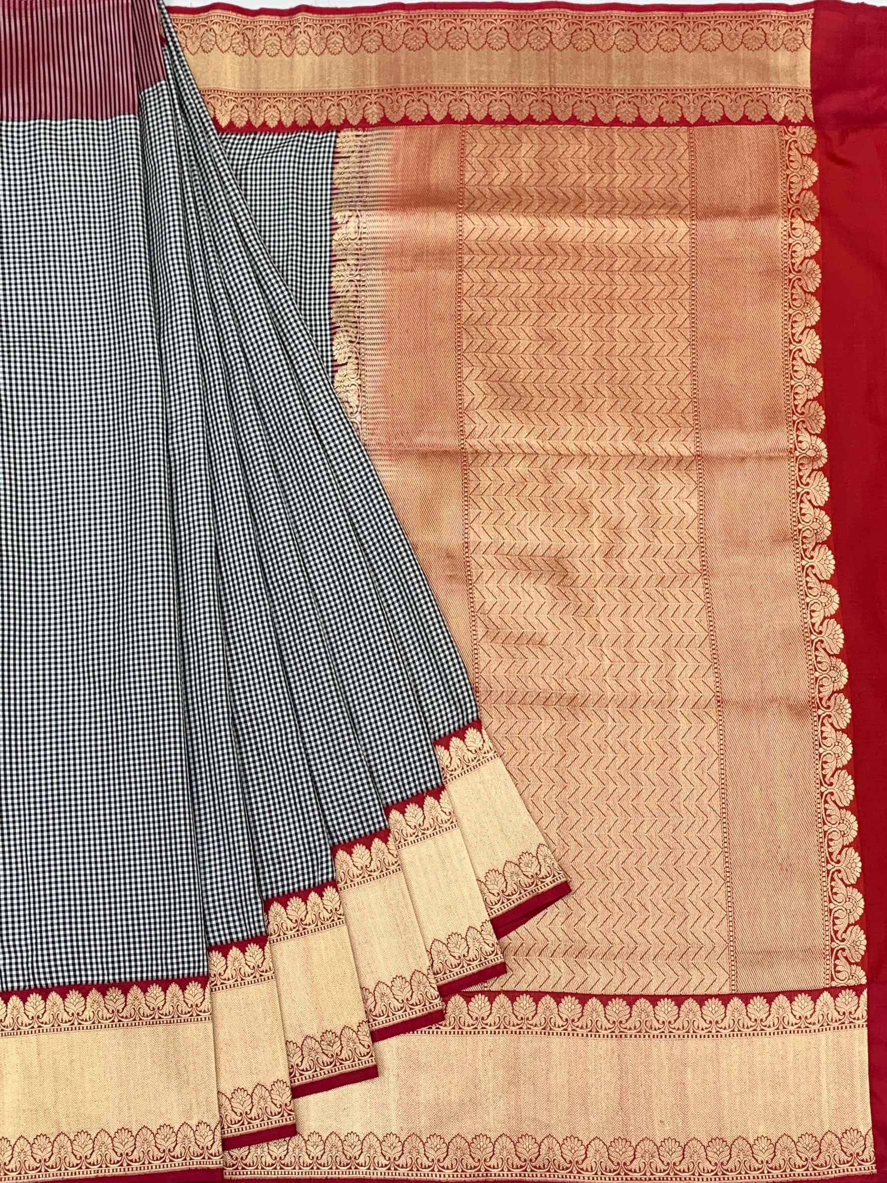 Classic Monochrome Gingham Banarasi Silk Saree with Crimson Zari Border