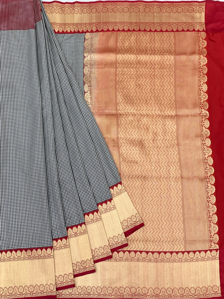 Classic Monochrome Gingham Banarasi Silk Saree with Crimson Zari Border