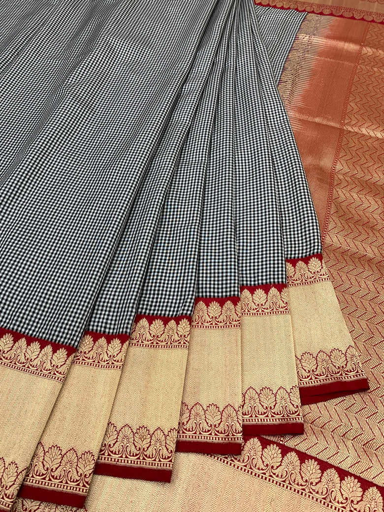 Classic Monochrome Gingham Banarasi Silk Saree with Crimson Zari Border