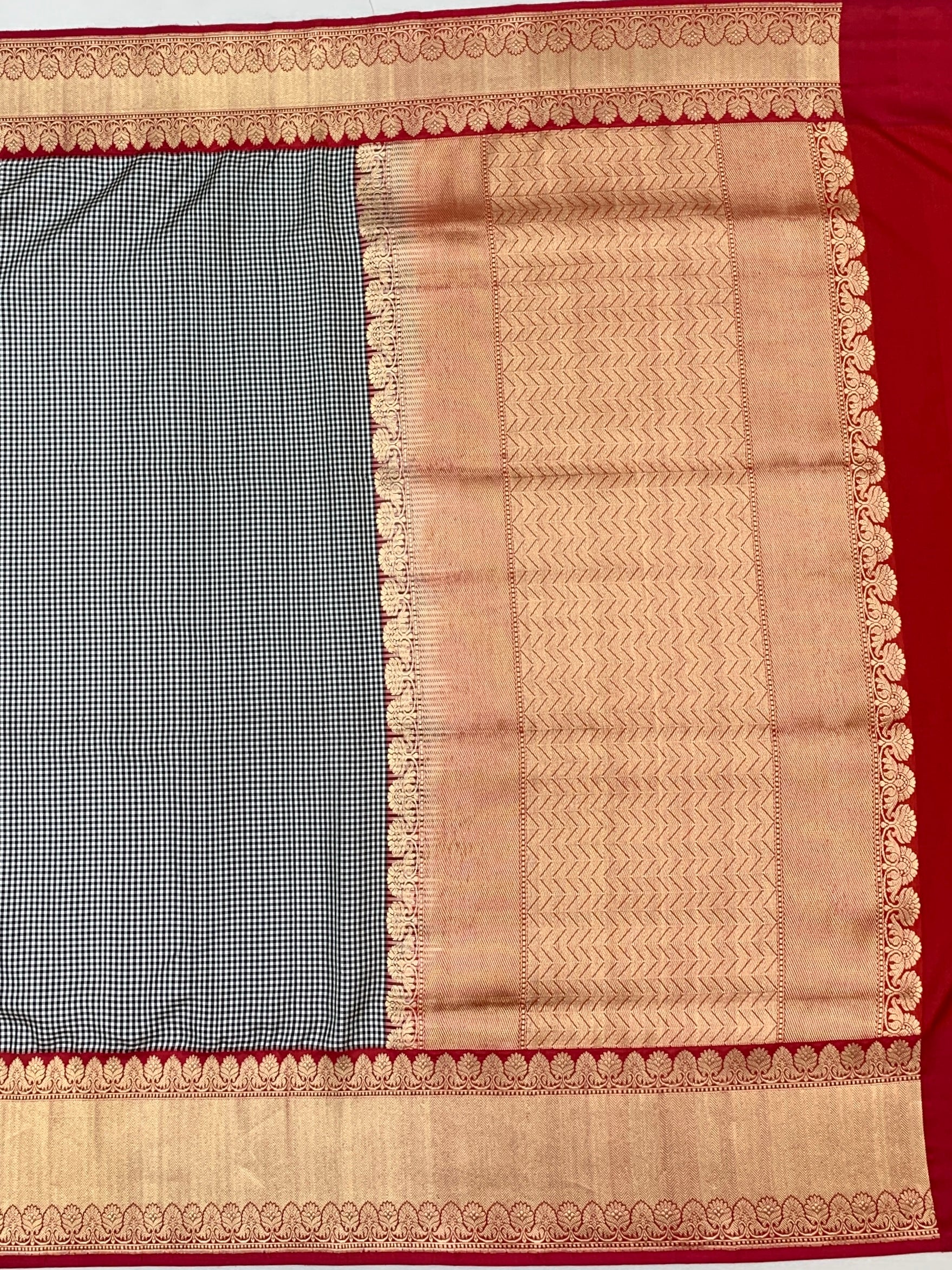 Classic Monochrome Gingham Banarasi Silk Saree with Crimson Zari Border