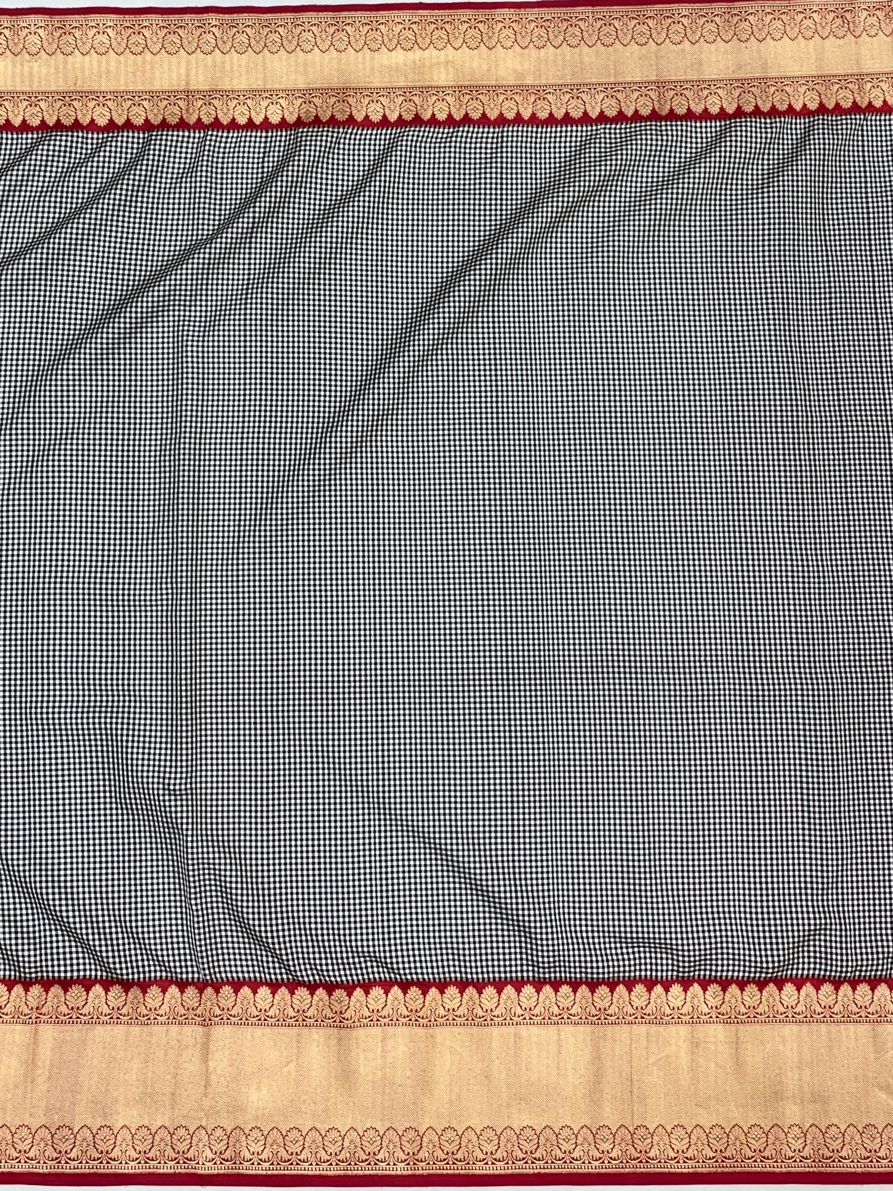 Classic Monochrome Gingham Banarasi Silk Saree with Crimson Zari Border