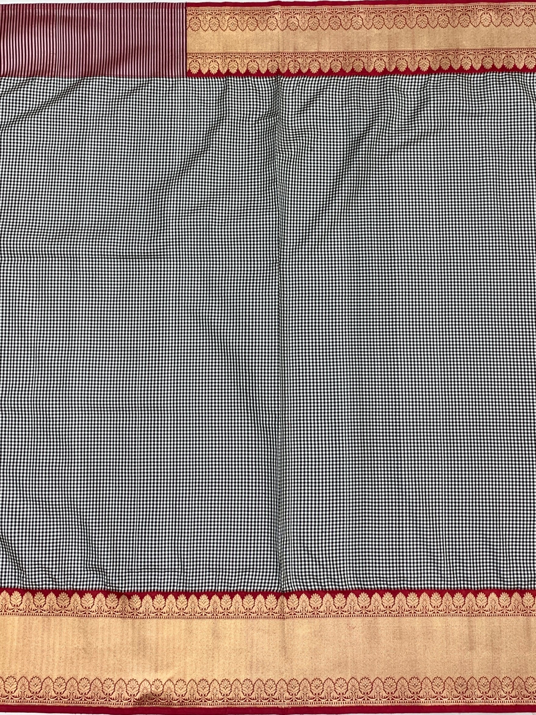 Classic Monochrome Gingham Banarasi Silk Saree with Crimson Zari Border