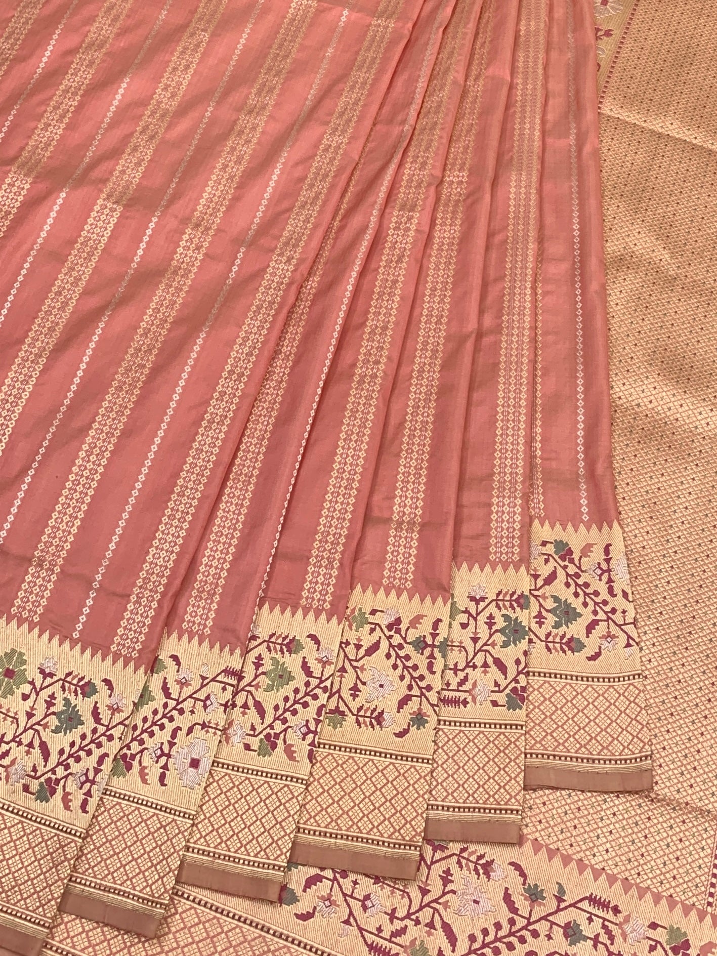 Peach Rose Banarasi Silk Saree with Meenakari Floral Borders